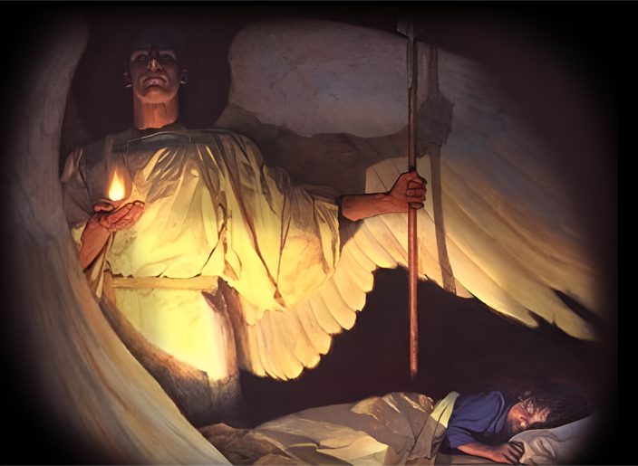 A painting of an angel with a candle and a person sleeping in bed.