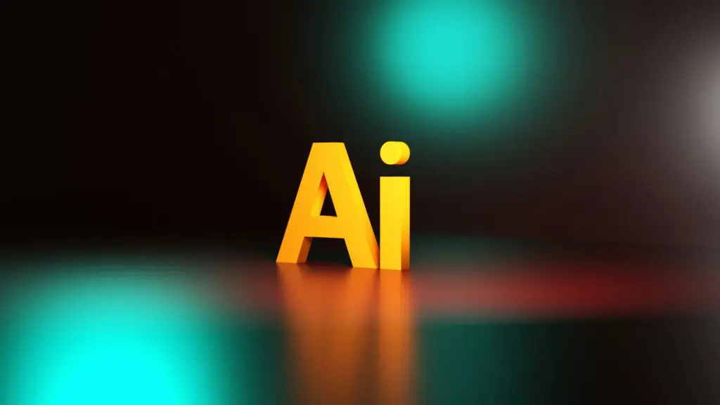 3D golden letters 'Ai' glowing against a dark, blurred background with teal and red highlights.